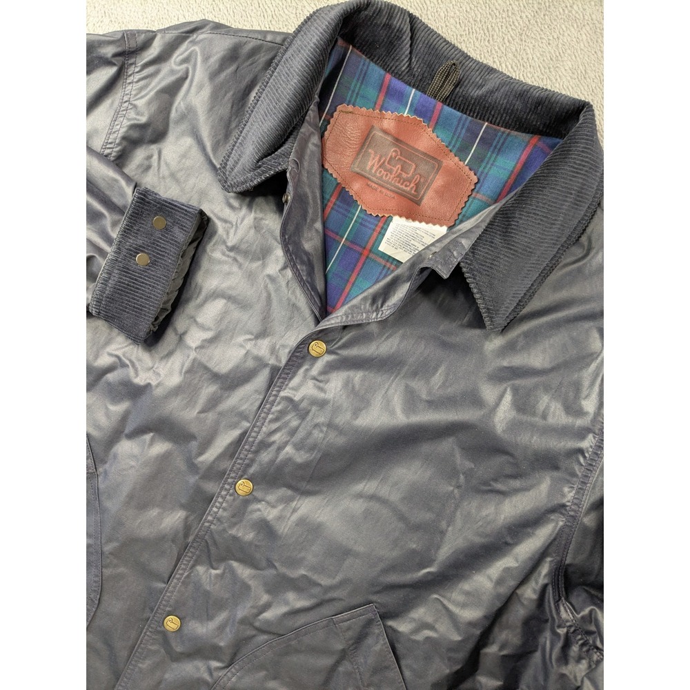 Woolrich Mens Waxed Cotton Barn Jacket XL Navy Blue Plaid Lined Chore Coat USA